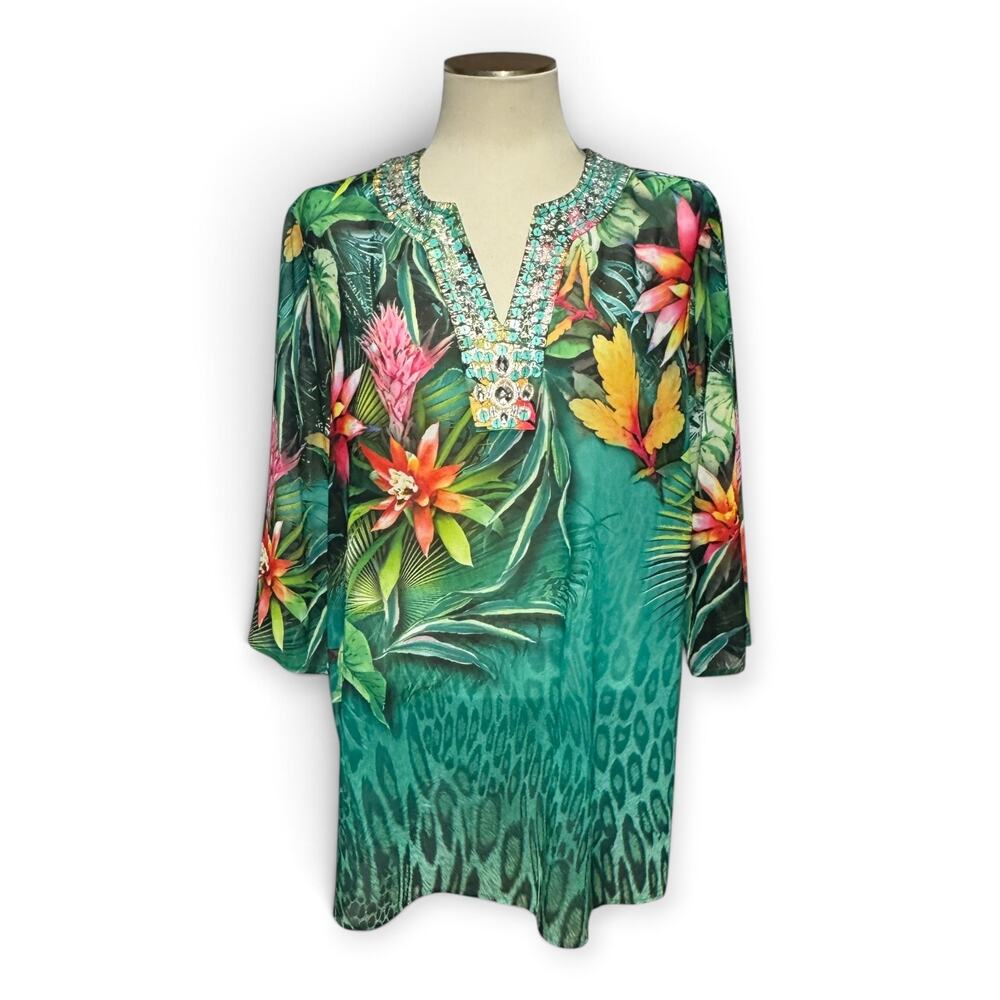 Chico's Tunic Top Sequin Jewel Embellished Tropical Floral Green Pink 16/18